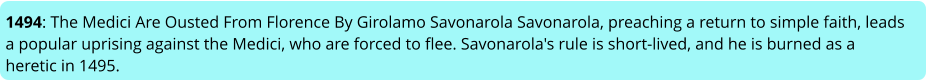 1494: The Medici Are Ousted From Florence By Girolamo Savonarola Savonarola, preaching a return to simple faith, leads a popular uprising against the Medici, who are forced to flee. Savonarola's rule is short-lived, and he is burned as a heretic in 1495.