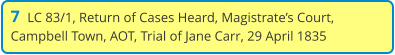 7  LC 83/1, Return of Cases Heard, Magistrate’s Court, Campbell Town, AOT, Trial of Jane Carr, 29 April 1835