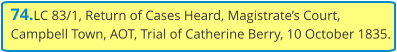 74.LC 83/1, Return of Cases Heard, Magistrate’s Court, Campbell Town, AOT, Trial of Catherine Berry, 10 October 1835.