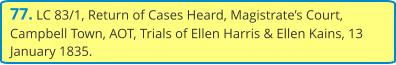 77. LC 83/1, Return of Cases Heard, Magistrate’s Court, Campbell Town, AOT, Trials of Ellen Harris & Ellen Kains, 13 January 1835.