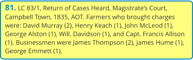 81. LC 83/1, Return of Cases Heard, Magistrate’s Court, Campbell Town, 1835, AOT. Farmers who brought charges were: David Murray (2), Henry Keach (1), John McLeod (1), George Alston (1), Will. Davidson (1), and Capt. Francis Allison (1). Businessmen were James Thompson (2), James Hume (1), George Emmett (1).