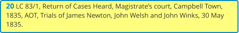 20 LC 83/1, Return of Cases Heard, Magistrate’s court, Campbell Town, 1835, AOT, Trials of James Newton, John Welsh and John Winks, 30 May 1835.