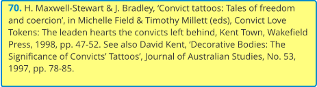 70. H. Maxwell-Stewart & J. Bradley, ‘Convict tattoos: Tales of freedom and coercion’, in Michelle Field & Timothy Millett (eds), Convict Love Tokens: The leaden hearts the convicts left behind, Kent Town, Wakefield Press, 1998, pp. 47-52. See also David Kent, ‘Decorative Bodies: The Significance of Convicts’ Tattoos’, Journal of Australian Studies, No. 53, 1997, pp. 78-85.