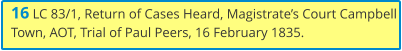 16 LC 83/1, Return of Cases Heard, Magistrate’s Court Campbell Town, AOT, Trial of Paul Peers, 16 February 1835.
