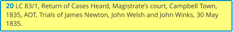 20 LC 83/1, Return of Cases Heard, Magistrate’s court, Campbell Town, 1835, AOT, Trials of James Newton, John Welsh and John Winks, 30 May 1835.