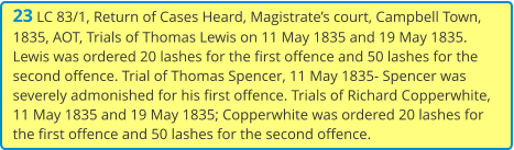 23 LC 83/1, Return of Cases Heard, Magistrate’s court, Campbell Town, 1835, AOT, Trials of Thomas Lewis on 11 May 1835 and 19 May 1835. Lewis was ordered 20 lashes for the first offence and 50 lashes for the second offence. Trial of Thomas Spencer, 11 May 1835- Spencer was severely admonished for his first offence. Trials of Richard Copperwhite, 11 May 1835 and 19 May 1835; Copperwhite was ordered 20 lashes for the first offence and 50 lashes for the second offence.