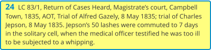 24  LC 83/1, Return of Cases Heard, Magistrate’s court, Campbell Town, 1835, AOT, Trial of Alfred Gazely, 8 May 1835; trial of Charles Jepson, 8 May 1835. Jepson’s 50 lashes were commuted to 7 days in the solitary cell, when the medical officer testified he was too ill to be subjected to a whipping.