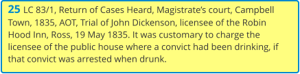 25 LC 83/1, Return of Cases Heard, Magistrate’s court, Campbell Town, 1835, AOT, Trial of John Dickenson, licensee of the Robin Hood Inn, Ross, 19 May 1835. It was customary to charge the licensee of the public house where a convict had been drinking, if that convict was arrested when drunk.