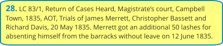28. LC 83/1, Return of Cases Heard, Magistrate’s court, Campbell Town, 1835, AOT, Trials of James Merrett, Christopher Bassett and Richard Davis, 20 May 1835. Merrett got an additional 50 lashes for absenting himself from the barracks without leave on 12 June 1835.