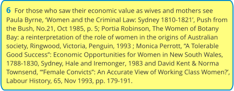 6  For those who saw their economic value as wives and mothers see Paula Byrne, ‘Women and the Criminal Law: Sydney 1810-1821’, Push from the Bush, No.21, Oct 1985, p. 5; Portia Robinson, The Women of Botany Bay: a reinterpretation of the role of women in the origins of Australian society, Ringwood, Victoria, Penguin, 1993 ; Monica Perrott, “A Tolerable Good Success”: Economic Opportunities for Women in New South Wales, 1788-1830, Sydney, Hale and Iremonger, 1983 and David Kent & Norma Townsend, “‘Female Convicts”: An Accurate View of Working Class Women?’, Labour History, 65, Nov 1993, pp. 179-191.