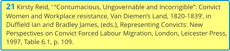 21 Kirsty Reid, ‘ “Contumacious, Ungovernable and Incorrigible”: Convict Women and Workplace resistance, Van Diemen’s Land, 1820-1839’, in Duffield Ian and Bradley James, (eds.), Representing Convicts: New Perspectives on Convict Forced Labour Migration, London, Leicester Press, 1997, Table 6.1, p. 109.