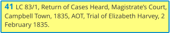41 LC 83/1, Return of Cases Heard, Magistrate’s Court, Campbell Town, 1835, AOT, Trial of Elizabeth Harvey, 2 February 1835.