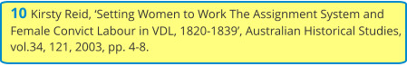10 Kirsty Reid, ‘Setting Women to Work The Assignment System and Female Convict Labour in VDL, 1820-1839’, Australian Historical Studies, vol.34, 121, 2003, pp. 4-8.
