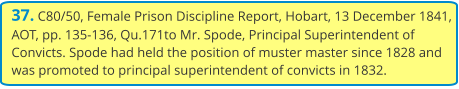 37. C80/50, Female Prison Discipline Report, Hobart, 13 December 1841, AOT, pp. 135-136, Qu.171to Mr. Spode, Principal Superintendent of Convicts. Spode had held the position of muster master since 1828 and was promoted to principal superintendent of convicts in 1832.