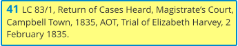 41 LC 83/1, Return of Cases Heard, Magistrate’s Court, Campbell Town, 1835, AOT, Trial of Elizabeth Harvey, 2 February 1835.