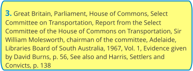 3. Great Britain, Parliament, House of Commons, Select Committee on Transportation, Report from the Select Committee of the House of Commons on Transportation, Sir William Molesworth, chairman of the committee, Adelaide, Libraries Board of South Australia, 1967, Vol. 1, Evidence given by David Burns, p. 56, See also and Harris, Settlers and Convicts, p. 138