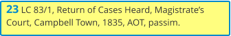 23 LC 83/1, Return of Cases Heard, Magistrate’s Court, Campbell Town, 1835, AOT, passim.