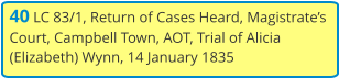 40 LC 83/1, Return of Cases Heard, Magistrate’s Court, Campbell Town, AOT, Trial of Alicia (Elizabeth) Wynn, 14 January 1835