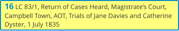 16 LC 83/1, Return of Cases Heard, Magistrate’s Court, Campbell Town, AOT, Trials of Jane Davies and Catherine Dyster, 1 July 1835