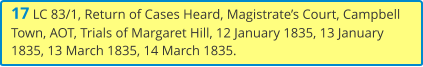 17 LC 83/1, Return of Cases Heard, Magistrate’s Court, Campbell Town, AOT, Trials of Margaret Hill, 12 January 1835, 13 January 1835, 13 March 1835, 14 March 1835.