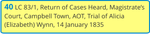 40 LC 83/1, Return of Cases Heard, Magistrate’s Court, Campbell Town, AOT, Trial of Alicia (Elizabeth) Wynn, 14 January 1835