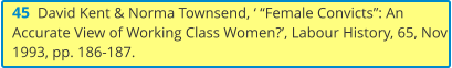 45  David Kent & Norma Townsend, ‘ “Female Convicts”: An Accurate View of Working Class Women?’, Labour History, 65, Nov 1993, pp. 186-187.