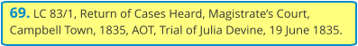 69. LC 83/1, Return of Cases Heard, Magistrate’s Court, Campbell Town, 1835, AOT, Trial of Julia Devine, 19 June 1835.