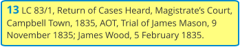 13 LC 83/1, Return of Cases Heard, Magistrate’s Court, Campbell Town, 1835, AOT, Trial of James Mason, 9 November 1835; James Wood, 5 February 1835.