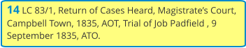 14 LC 83/1, Return of Cases Heard, Magistrate’s Court, Campbell Town, 1835, AOT, Trial of Job Padfield , 9 September 1835, ATO.