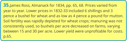 35.James Ross, Almanack for 1834, pp. 65, 68. Prices varied from year to year. Lower prices in 1832-33 included 6 shillings and 3 pence a bushel for wheat and as low as 4 pence a pound for mutton. Soil fertility was rapidly depleted for wheat crops; manuring was not consistently used, so bushels per acre decreased on farms, varying between 15 and 30 per acre. Lower yield were unprofitable for costs. p.65.
