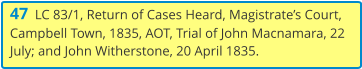 47  LC 83/1, Return of Cases Heard, Magistrate’s Court, Campbell Town, 1835, AOT, Trial of John Macnamara, 22 July; and John Witherstone, 20 April 1835.