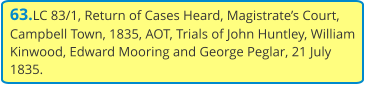 63.LC 83/1, Return of Cases Heard, Magistrate’s Court, Campbell Town, 1835, AOT, Trials of John Huntley, William Kinwood, Edward Mooring and George Peglar, 21 July 1835.