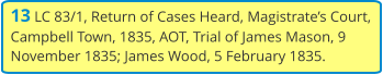 13 LC 83/1, Return of Cases Heard, Magistrate’s Court, Campbell Town, 1835, AOT, Trial of James Mason, 9 November 1835; James Wood, 5 February 1835.