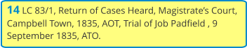 14 LC 83/1, Return of Cases Heard, Magistrate’s Court, Campbell Town, 1835, AOT, Trial of Job Padfield , 9 September 1835, ATO.