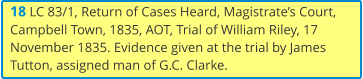 18 LC 83/1, Return of Cases Heard, Magistrate’s Court, Campbell Town, 1835, AOT, Trial of William Riley, 17 November 1835. Evidence given at the trial by James Tutton, assigned man of G.C. Clarke.