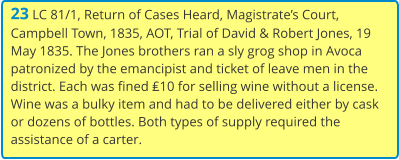 23 LC 81/1, Return of Cases Heard, Magistrate’s Court, Campbell Town, 1835, AOT, Trial of David & Robert Jones, 19 May 1835. The Jones brothers ran a sly grog shop in Avoca patronized by the emancipist and ticket of leave men in the district. Each was fined ₤10 for selling wine without a license. Wine was a bulky item and had to be delivered either by cask or dozens of bottles. Both types of supply required the assistance of a carter.