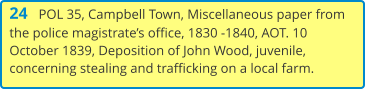 24   POL 35, Campbell Town, Miscellaneous paper from the police magistrate’s office, 1830 -1840, AOT. 10 October 1839, Deposition of John Wood, juvenile, concerning stealing and trafficking on a local farm.