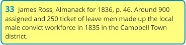 33  James Ross, Almanack for 1836, p. 46. Around 900 assigned and 250 ticket of leave men made up the local male convict workforce in 1835 in the Campbell Town district.