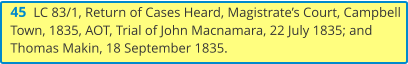 45  LC 83/1, Return of Cases Heard, Magistrate’s Court, Campbell Town, 1835, AOT, Trial of John Macnamara, 22 July 1835; and Thomas Makin, 18 September 1835.