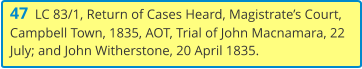 47  LC 83/1, Return of Cases Heard, Magistrate’s Court, Campbell Town, 1835, AOT, Trial of John Macnamara, 22 July; and John Witherstone, 20 April 1835.