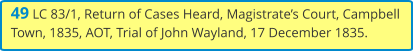 49 LC 83/1, Return of Cases Heard, Magistrate’s Court, Campbell Town, 1835, AOT, Trial of John Wayland, 17 December 1835.