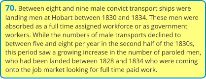 70. Between eight and nine male convict transport ships were landing men at Hobart between 1830 and 1834. These men were absorbed as a full time assigned workforce or as government workers. While the numbers of male transports declined to between five and eight per year in the second half of the 1830s, this period saw a growing increase in the number of paroled men, who had been landed between 1828 and 1834 who were coming onto the job market looking for full time paid work.