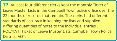 77. At least four different clerks kept the monthly Ticket of Leave Muster Lists in the Campbell Town police office over the 22 months of records that remain. The clerks had different standards of accuracy in keeping the lists and supplied differing quantities of notes to the individual entries . POL/47/1, Ticket of Leave Muster Lists, Campbell Town Police District. AOT.