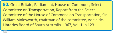 80. Great Britain, Parliament, House of Commons, Select Committee on Transportation, Report from the Select Committee of the House of Commons on Transportation, Sir William Molesworth, chairman of the committee, Adelaide, Libraries Board of South Australia, 1967, Vol. 1. p.123.  30