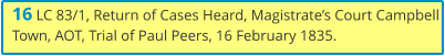 16 LC 83/1, Return of Cases Heard, Magistrate’s Court Campbell Town, AOT, Trial of Paul Peers, 16 February 1835.