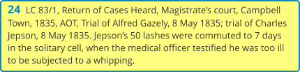 24  LC 83/1, Return of Cases Heard, Magistrate’s court, Campbell Town, 1835, AOT, Trial of Alfred Gazely, 8 May 1835; trial of Charles Jepson, 8 May 1835. Jepson’s 50 lashes were commuted to 7 days in the solitary cell, when the medical officer testified he was too ill to be subjected to a whipping.