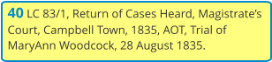 40 LC 83/1, Return of Cases Heard, Magistrate’s Court, Campbell Town, 1835, AOT, Trial of MaryAnn Woodcock, 28 August 1835.