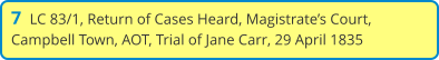 7  LC 83/1, Return of Cases Heard, Magistrate’s Court, Campbell Town, AOT, Trial of Jane Carr, 29 April 1835