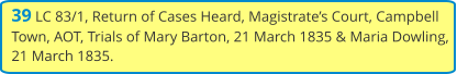 39 LC 83/1, Return of Cases Heard, Magistrate’s Court, Campbell Town, AOT, Trials of Mary Barton, 21 March 1835 & Maria Dowling, 21 March 1835.