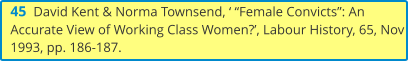 45  David Kent & Norma Townsend, ‘ “Female Convicts”: An Accurate View of Working Class Women?’, Labour History, 65, Nov 1993, pp. 186-187.